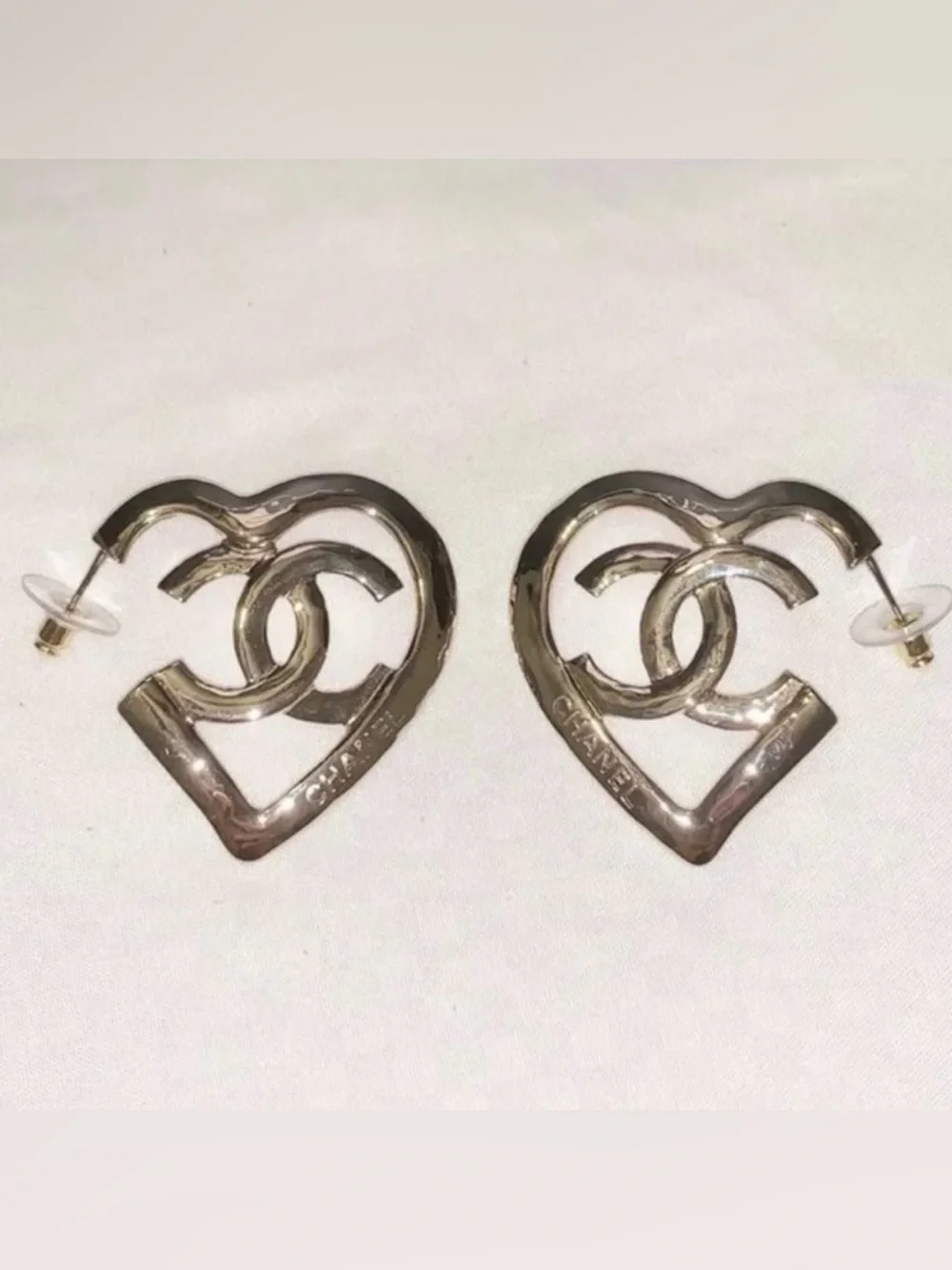 Chanel Gold-tone CC Logo Statement Large Heart Dangle Drop Earrings